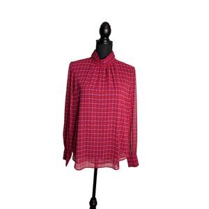 Ann Taylor Women's Pink/Purple Houndstooth Pintucked Mock Neck Blouse M